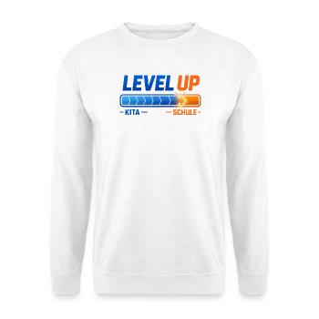 Level Up Kita Schule Einschulung Schulkind Spruch - Unisex Pullover - Weiß - Vorne - Alina (178cm) & Michal (187cm)
