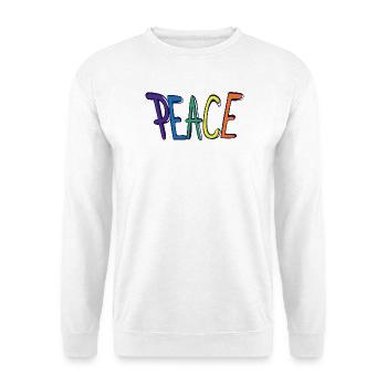 Bunter Peace Schriftzug - Unisex Pullover - Weiß - Vorne - Alina (178cm) & Michal (187cm)