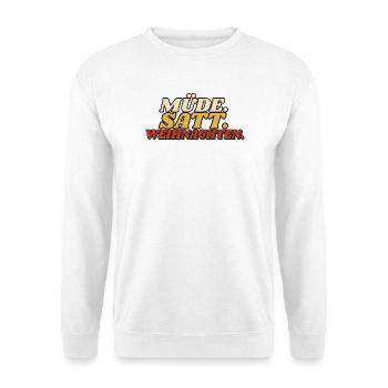 Müde. Satt. Weihnachten. - Retro Spruch - Unisex Pullover - Weiß - Vorne - Alina (178cm) & Michal (187cm)