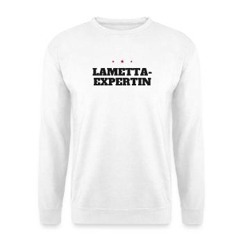 Lametta-Expertin – Weihnachtsspruch - Unisex Pullover - Weiß - Vorne - Alina (178cm) & Michal (187cm)