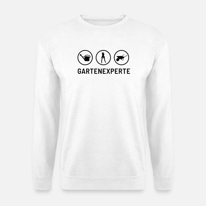 Gartenexperte: Gießkanne, Heckeschere, Schubkarre - Unisex Pullover - Weiß