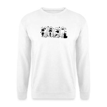 Halloween Geister mit schwarzen Katzen - Unisex Pullover - Weiß - Vorne - Alina (178cm) & Michal (187cm)
