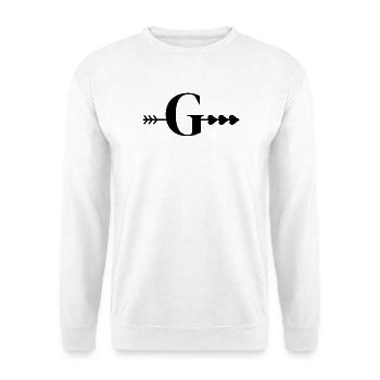Buchstabe g Pfeilherz - Unisex Pullover - Weiß - Vorne - Alina (178cm) & Michal (187cm)