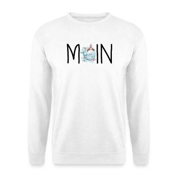 moin Meer Möwen Küste Gruß Wal Spruch Nordsee  - Unisex Pullover - Weiß - Vorne - Alina (178cm) & Michal (187cm)