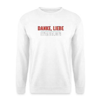 Danke, liebe Kitaheldin – Abschieds‑Shirt Geschenk - Unisex Pullover - Weiß - Vorne - Alina (178cm) & Michal (187cm)