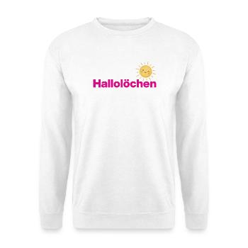 HALOLÖCHEN, SÜSSE BEGRÜSSUNG MIT SONNE, POSITIVITY - Unisex Pullover - Weiß - Vorne - Alina (178cm) & Michal (187cm)