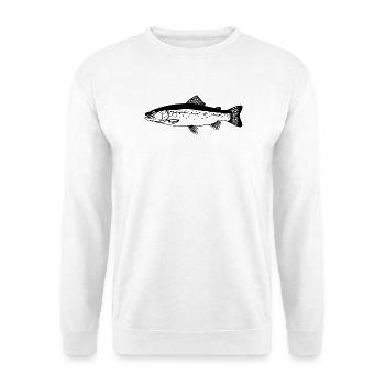 Forellen Angler Geschenk Idee Fliegenfischen - Unisex Pullover - Weiß - Vorne - Alina (178cm) & Michal (187cm)