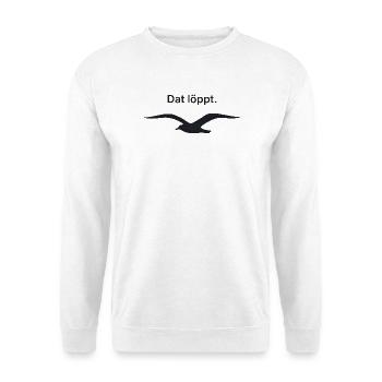 Dat löppt. - Plattdeutsch Norddeutschland Möwe - Unisex Pullover - Weiß - Vorne - Alina (178cm) & Michal (187cm)