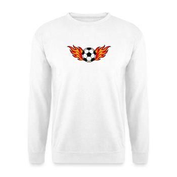 Fußball mit roten und gelben Flammenflügeln - Unisex Pullover - Weiß - Vorne - Alina (178cm) & Michal (187cm)