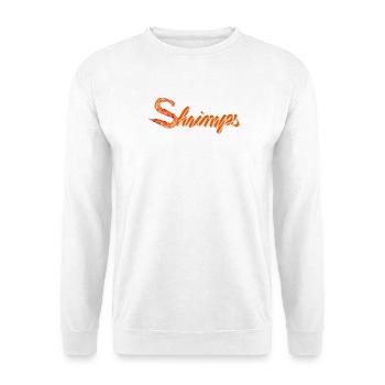 zwei Garnelen oder Shrimps als witzige Typografie - Unisex Pullover - Weiß - Vorne - Alina (178cm) & Michal (187cm)