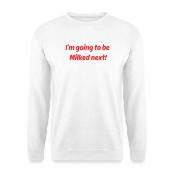 Demnächst Ausgemolken: Milchhumor - Unisex Pullover - Weiß - Vorne - Alina (178cm) & Michal (187cm)