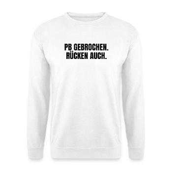 PB gebrochen Rücken auch – Karpfenangler Spruch - Unisex Pullover - Weiß - Vorne - Alina (178cm) & Michal (187cm)