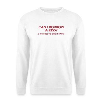 023 Kann ich einen Kuss ausleihen? Pun Tee - Unisex Pullover - Weiß - Vorne - Alina (178cm) & Michal (187cm)