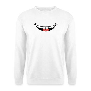 Freches Grinsen – Cartoon-Mund mit roter Zunge - Unisex Pullover - Weiß - Vorne - Alina (178cm) & Michal (187cm)