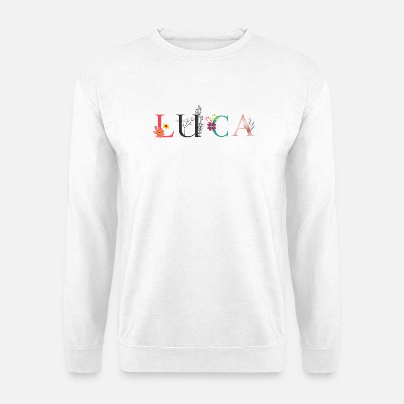 LUCA Namenskunst mit gestickten Blumen - Unisex Pullover - Weiß