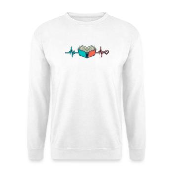 Lesen Herzschlag – Offenes Buch mit Herz - Unisex Pullover - Weiß - Vorne - Alina (178cm) & Michal (187cm)