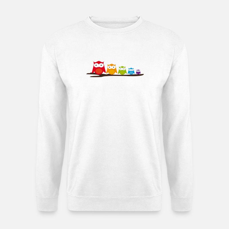 Bunte Eulenfamilie sitzt gemeinsam auf dem Ast - Unisex Pullover - Weiß