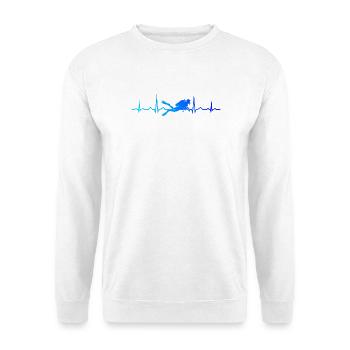 Geschenkidee für einen Freediver mit Gerätetauchen - Unisex Pullover - Weiß - Vorne - Alina (178cm) & Michal (187cm)