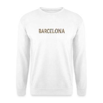 Barcelona Typografie mit mediterraner Architektur - Unisex Pullover - Weiß - Vorne - Alina (178cm) & Michal (187cm)