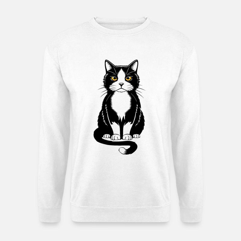 Illustration einer schwarz-weißen Katze mit gelben Augen - Unisex Pullover - Weiß