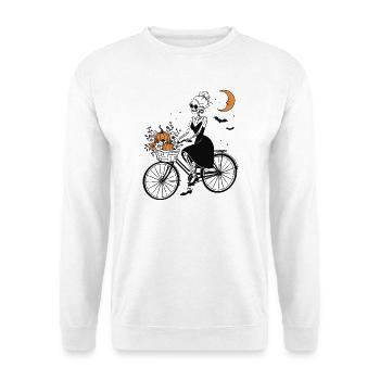 Skelett Frau auf Fahrrad – Halloween & Kürbis - Unisex Pullover - Weiß - Vorne - Alina (178cm) & Michal (187cm)