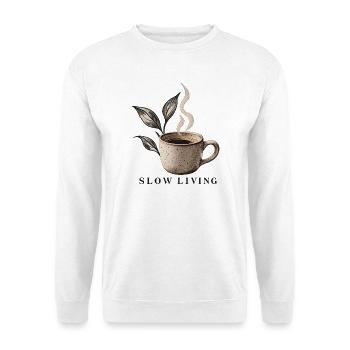 Kaffeetasse Slow Living Coffee - Unisex Pullover - Weiß - Vorne - Alina (178cm) & Michal (187cm)