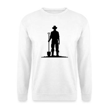 Bauer mit Schaufel auf Wiese Silhouette - Unisex Pullover - Weiß - Vorne - Alina (178cm) & Michal (187cm)