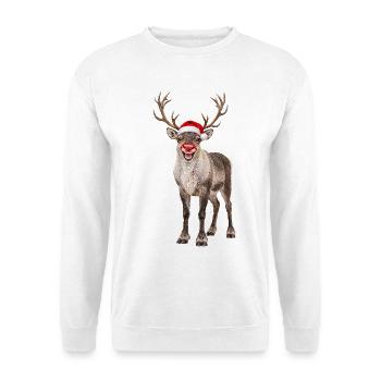 Rentier mit Weihnachtsmütze Rudolf - Unisex Pullover - Weiß - Vorne - Alina (178cm) & Michal (187cm)
