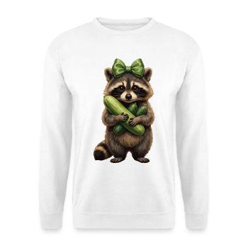 Waschbär mit Gurkenfreude - Unisex Pullover - Weiß - Vorne - Alina (178cm) & Michal (187cm)
