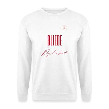 Bliede daj d'r bint – Twente- und Sallands-Dialekt - Unisex Pullover - Weiß - Vorne - Alina (178cm) & Michal (187cm)