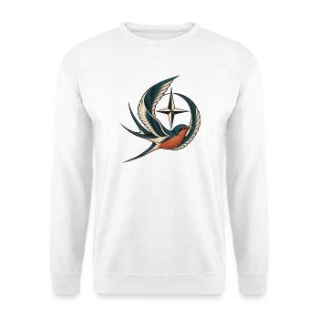 Lebendiges Schwalben-Kompass-Tattoo - Unisex Pullover - Weiß - Vorne - Alina (178cm) & Michal (187cm)