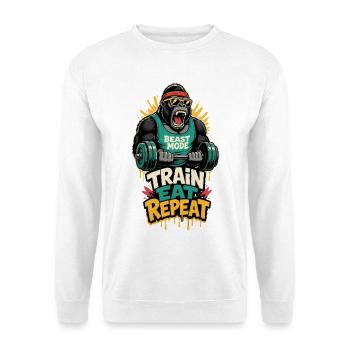 Fitness-Gorilla – Train Eat Repeat - Unisex Pullover - Weiß - Vorne - Alina (178cm) & Michal (187cm)