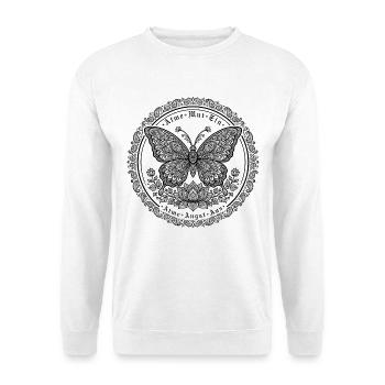 Atme Mut Ein Angst Aus - Schmetterling Yoga Spruch - Unisex Pullover - Weiß - Vorne - Alina (178cm) & Michal (187cm)