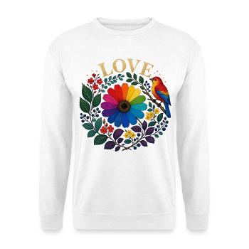 Liebe Regenbogen blume Vogel Blumenmotiv Vintage - Unisex Pullover - Weiß - Vorne - Alina (178cm) & Michal (187cm)