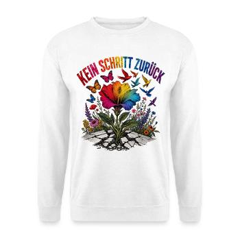 Bunt schafft Zukunft Regenbogen Blumenmotiv Pride - Unisex Pullover - Weiß - Vorne - Alina (178cm) & Michal (187cm)