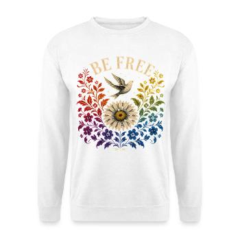 Be Free T-Shirt Regenbogen Blumen CSD Shirt Decal - Unisex Pullover - Weiß - Vorne - Alina (178cm) & Michal (187cm)