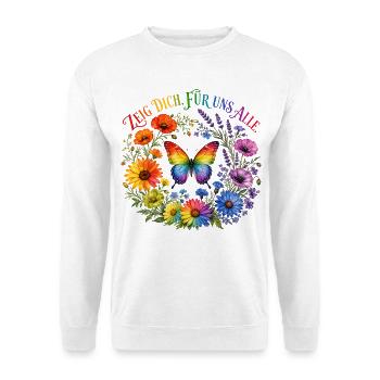 Zeig Dich Für Uns Alle Regenbogen Schmetterling - Unisex Pullover - Weiß - Vorne - Alina (178cm) & Michal (187cm)