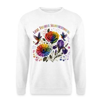 Liebe Freiheit Selbstbestimmung T-Shirt Regenbogen - Unisex Pullover - Weiß - Vorne - Alina (178cm) & Michal (187cm)