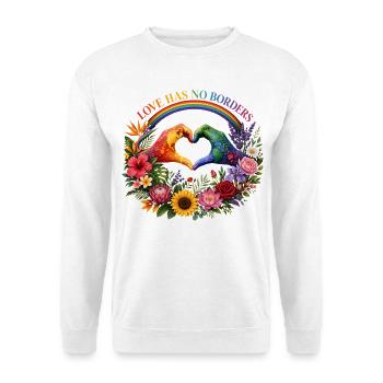 Liebe kennt keine Grenzen Regenbogen Herzhände - Unisex Pullover - Weiß - Vorne - Alina (178cm) & Michal (187cm)