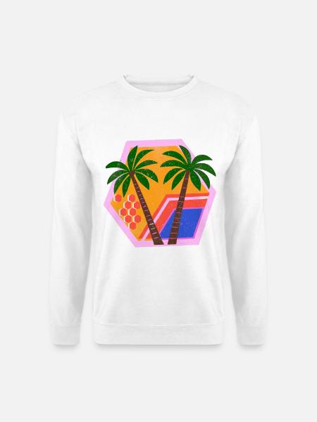 Tropischer Sonnenuntergang mit Palmen und geometrischen Formen - Unisex Pullover - Weiß
