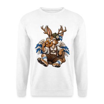 Wolpertinger Lederhose Hase Geweih Trachten Motiv - Unisex Pullover - Weiß - Vorne - Alina (178cm) & Michal (187cm)