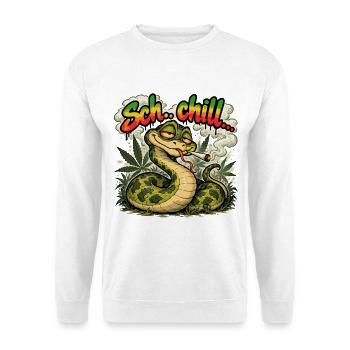 Chill – Bekiffte Schlange | Lustiges Stone Design - Unisex Pullover - Weiß - Vorne - Alina (178cm) & Michal (187cm)