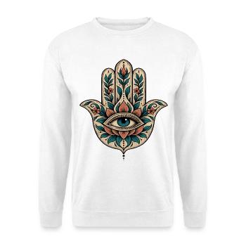 Blaue Blumen-Hamsa-Zentralauge, Hand von Fatima - Unisex Pullover - Weiß - Vorne - Alina (178cm) & Michal (187cm)
