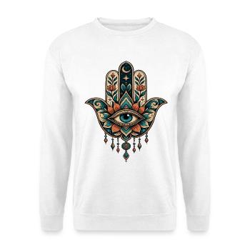 Florale Hamsa mit zentralem Auge Hand von Fatima - Unisex Pullover - Weiß - Vorne - Alina (178cm) & Michal (187cm)