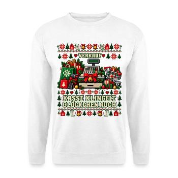 Verkauf - Kasse klingelt, Glöckchen auch - Unisex Pullover - Weiß - Vorne - Alina (178cm) & Michal (187cm)