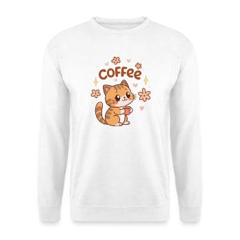 Niedliche Kaffeekatze und Blumen - Unisex Pullover - Weiß - Vorne - Alina (178cm) & Michal (187cm)