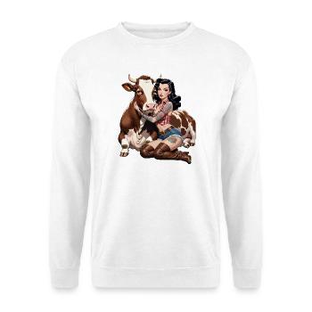 Pin-up farmer with tattoo and cow - Unisex Sweatshirt - white - Front