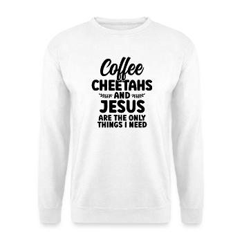 Kaffee Geparden Jesus Humor - Unisex Pullover - Weiß - Vorne - Alina (178cm) & Michal (187cm)