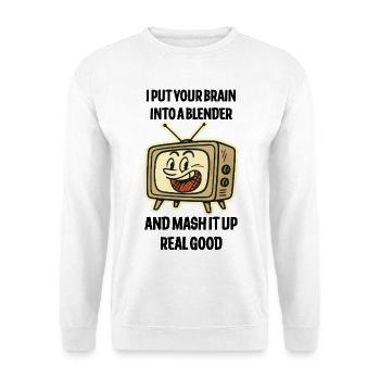 Retro-TV-Grin-Emblem - Unisex Pullover - Weiß - Vorne - Alina (178cm) & Michal (187cm)