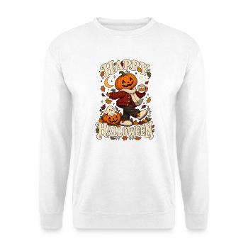 Happy Halloween – Cozy Kürbis mit Kakao und Geist - Unisex Pullover - Weiß - Vorne - Alina (178cm) & Michal (187cm)